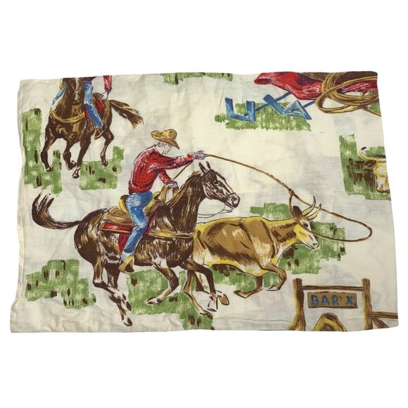 Set of Two 1950-60s Cowboy Western Rodeo Pillow Cases Fabric Horse Steer w/ Flaw - Picture 2 of 9